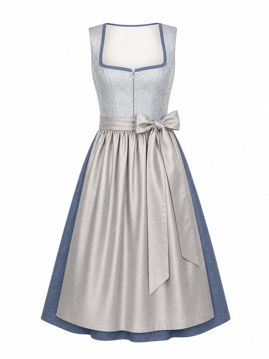 Dirndl Luise in Silberblau mit Perlgrau Schürze - Vorderansicht
