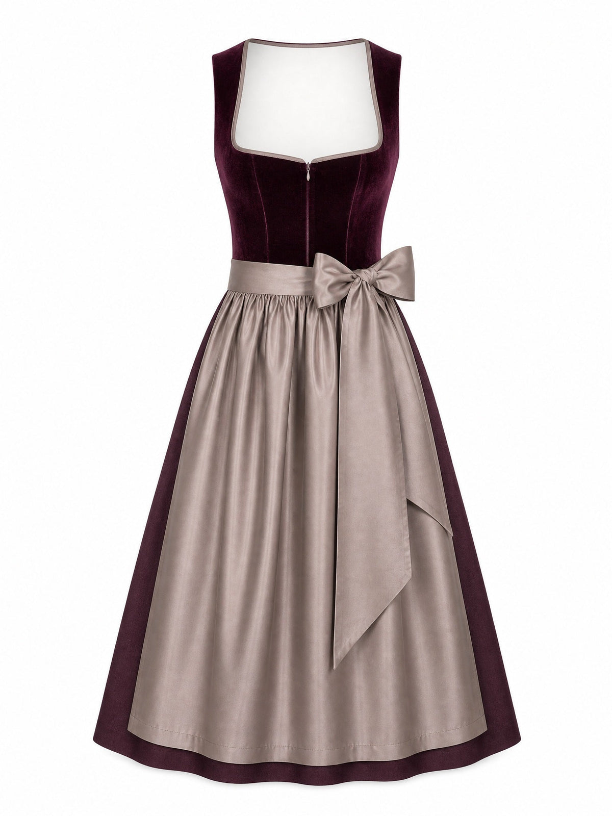 Dirndl Carolin in Brombeere mit Taupe Schürze - Vorderansicht