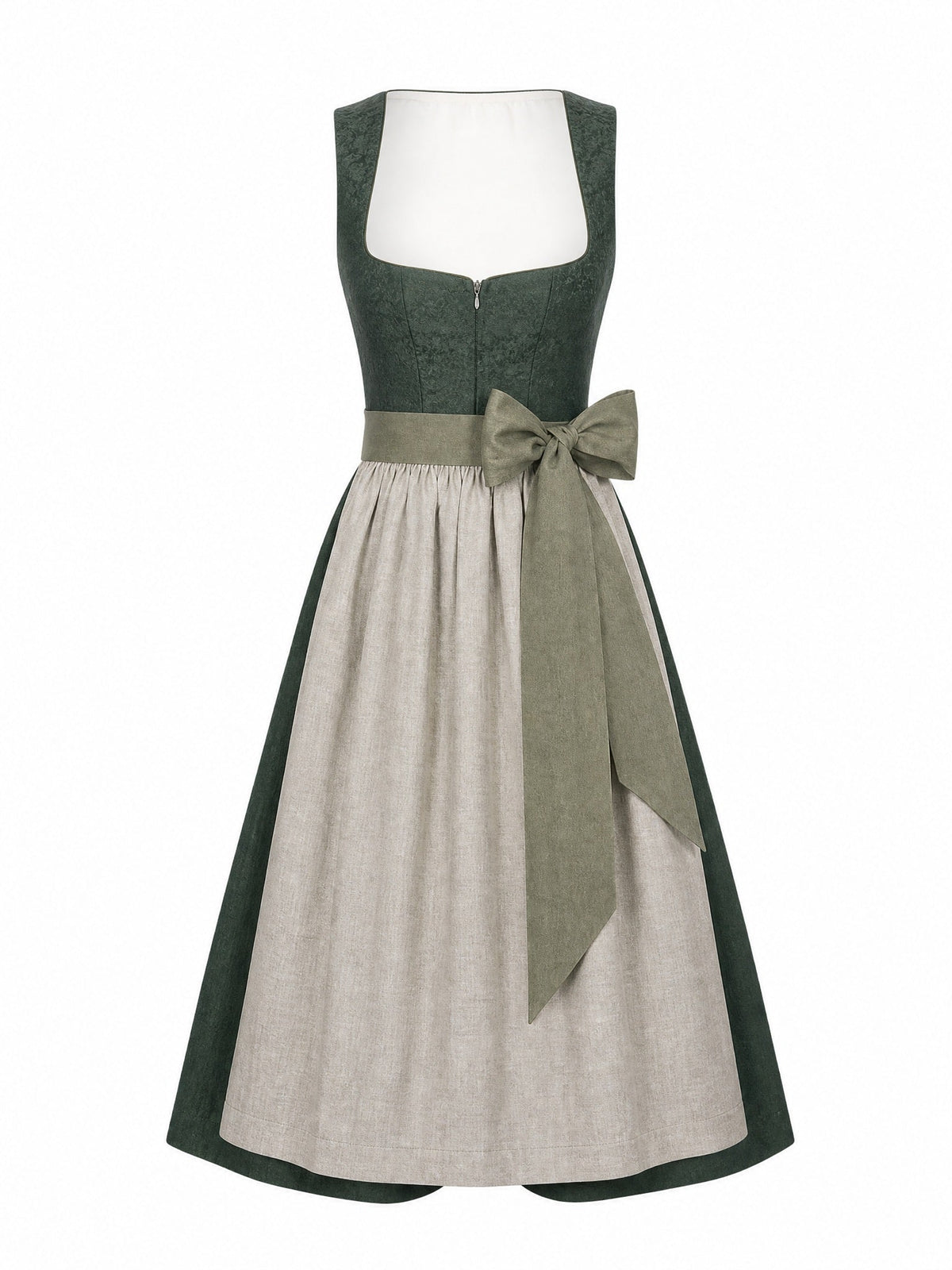 Dirndl Charlotte in Waldgrün mit Haferbeige Schürze - Vorderansicht