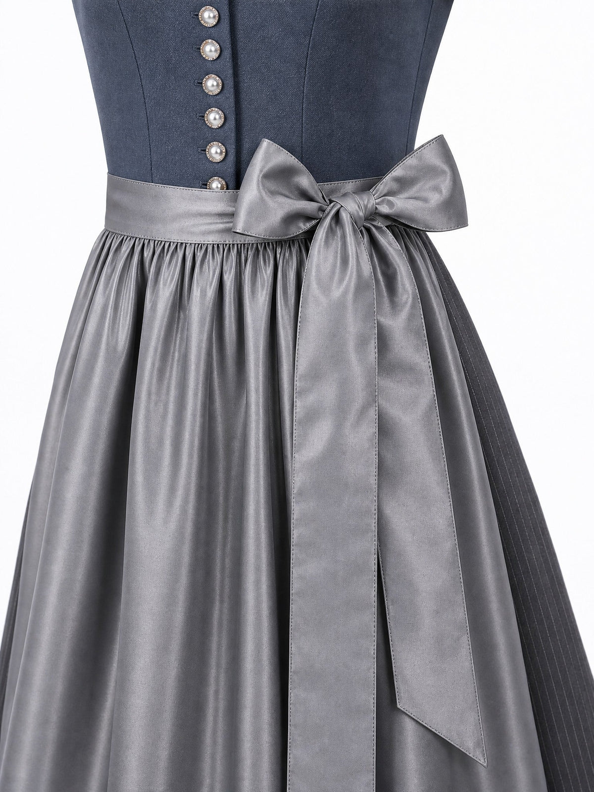 Dirndl Emilia in Stahlblau mit Sturmgrau Schürze - Detailansicht Taille und Schleife