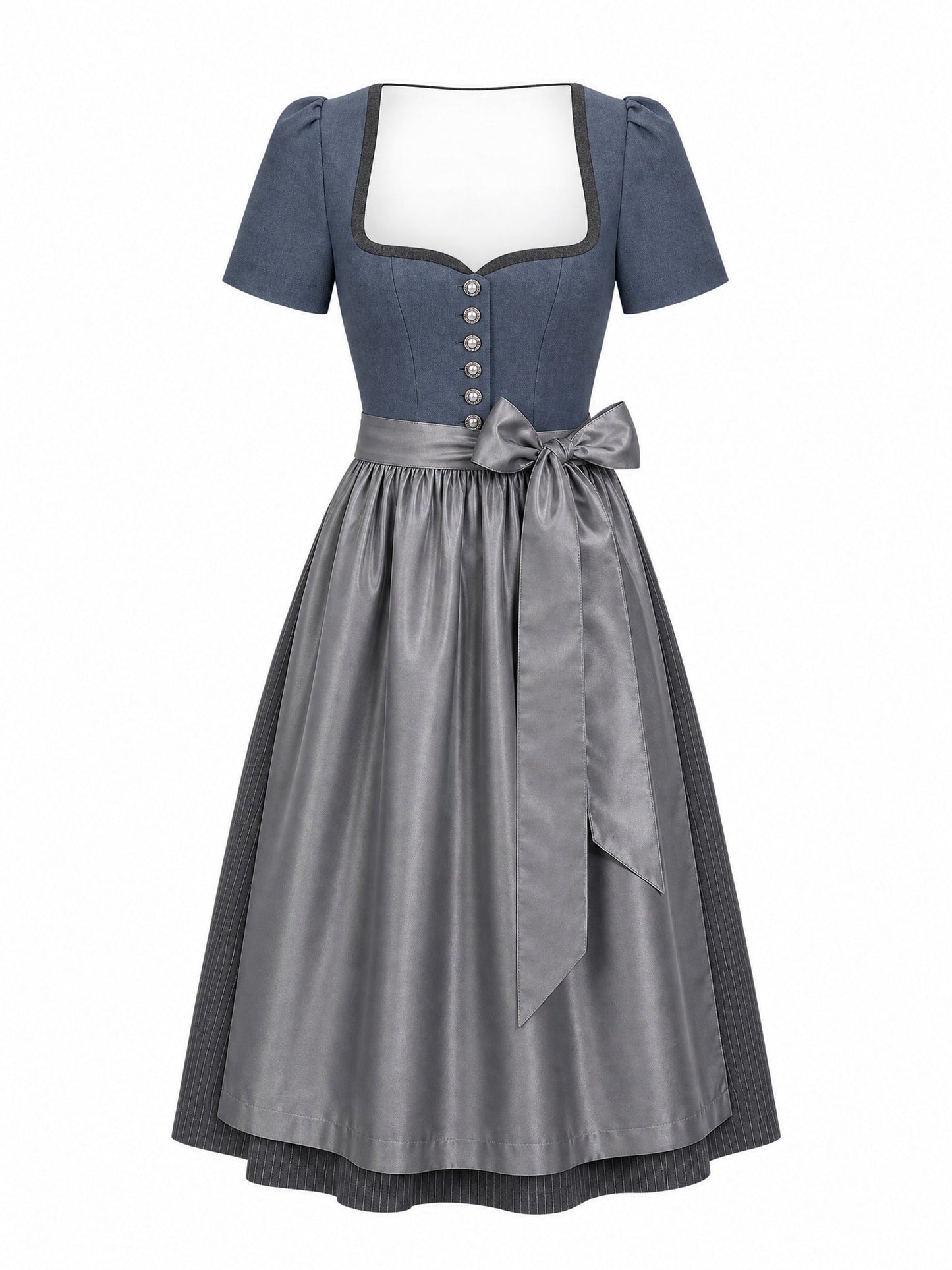 Dirndl Emilia in Stahlblau mit Sturmgrau Schürze - Vorderansicht