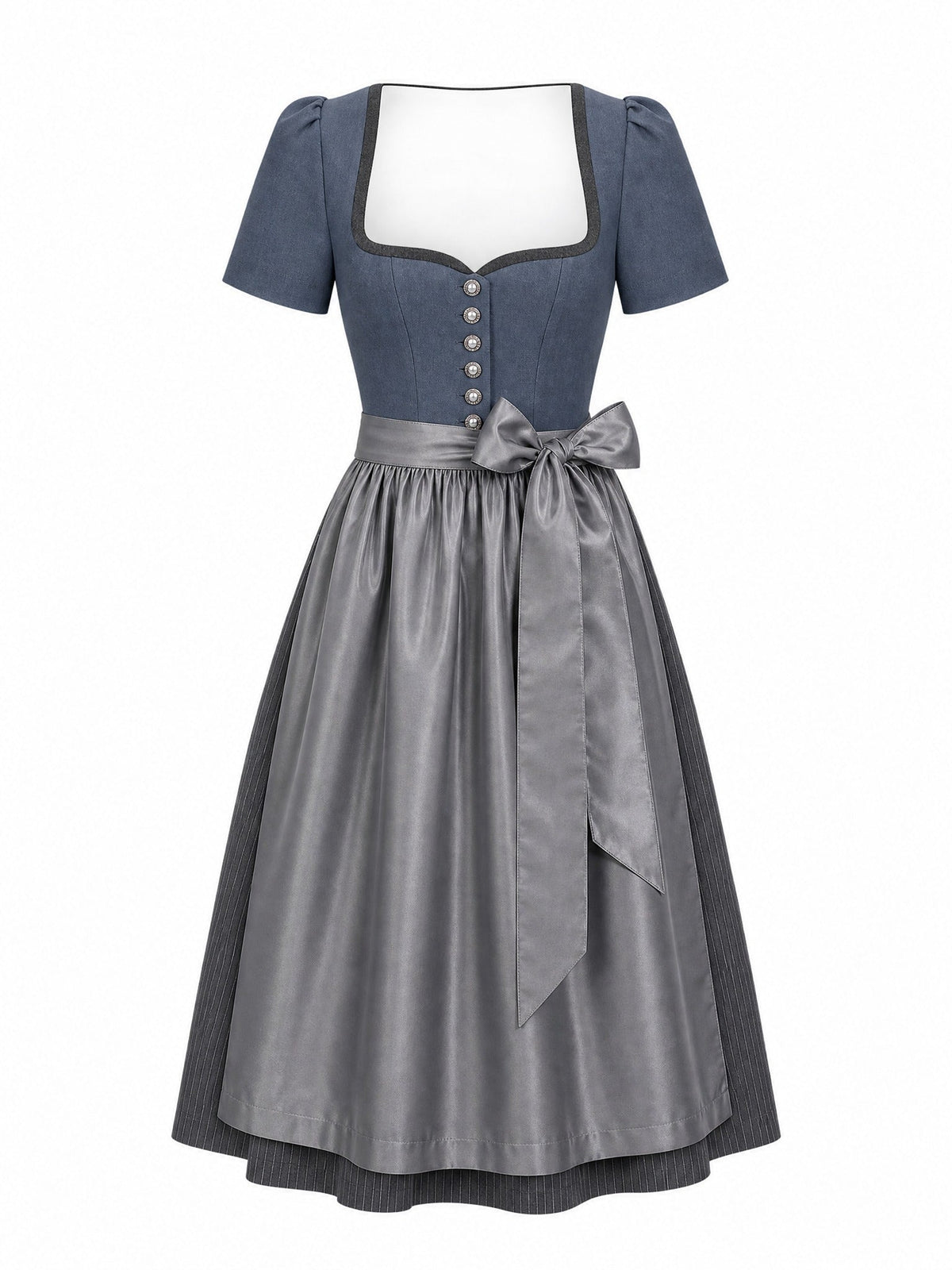 Dirndl Emilia in Stahlblau mit Sturmgrau Schürze - Vorderansicht