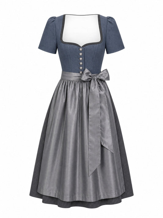 Dirndl Emilia in Stahlblau mit Sturmgrau Schürze - Vorderansicht