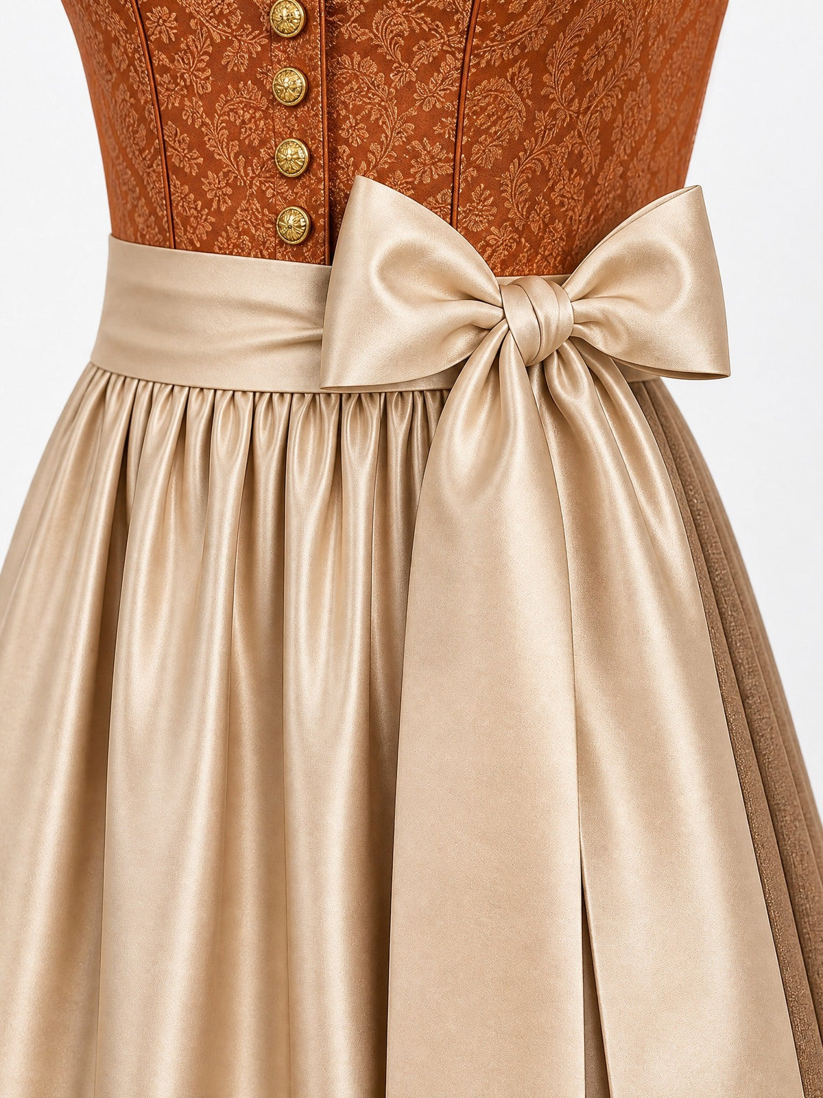 Dirndl Freya in Sienabraun mit Champagner Schürze - Detailansicht Taille und Schleife