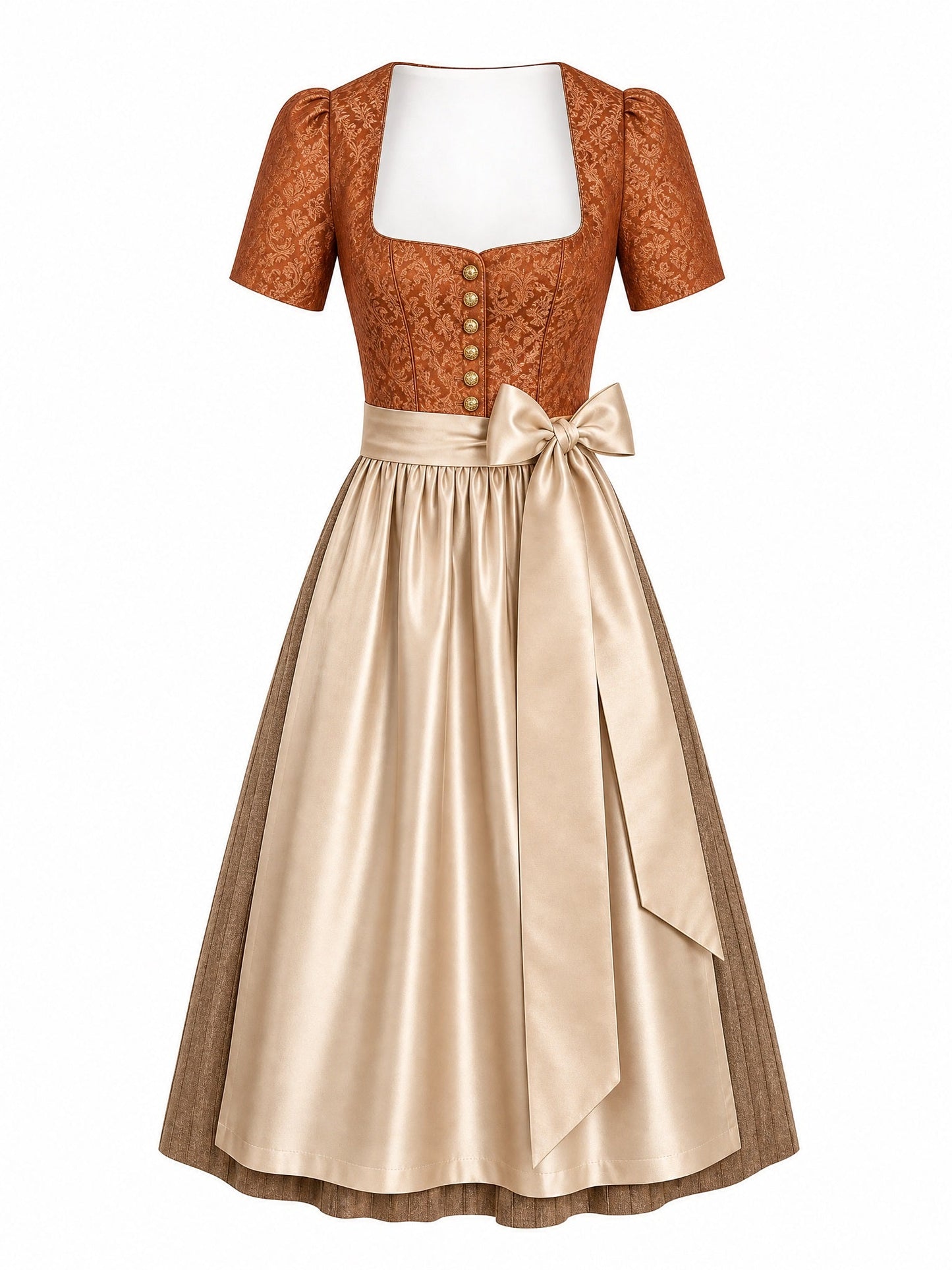 Dirndl Freya in Sienabraun mit Champagner Schürze - Vorderansicht