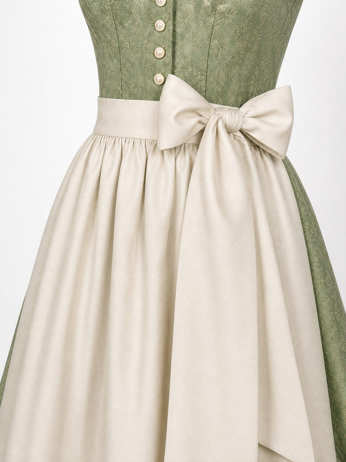 Dirndl Julia in Mineralgrün mit Elfenbein Schürze - Detailansicht Taille und Schleife