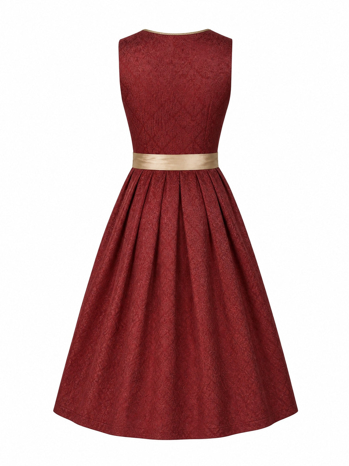 Dirndl Mia in Cranberryrot mit Antikgold Schürze - Rückansicht