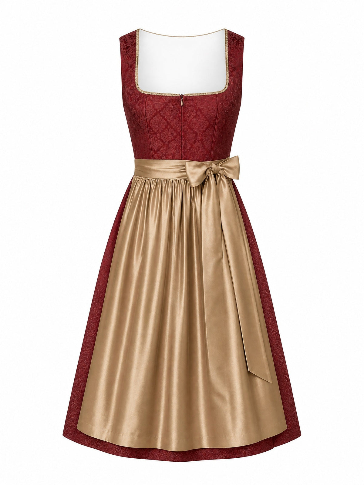 Dirndl Mia in Cranberryrot mit Antikgold Schürze - Vorderansicht
